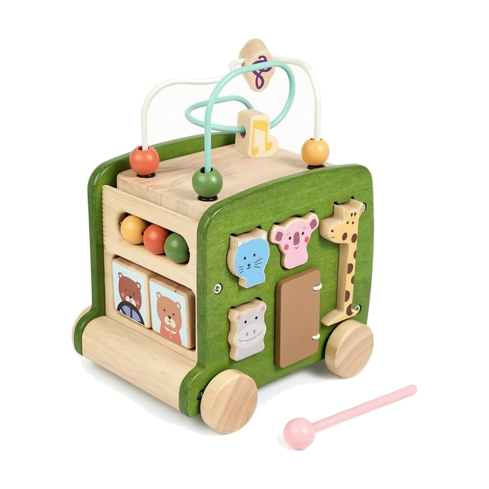 Qianly J Multifonction en Bois D'apprentisge Précoce Polyvalent Véhicule'activités Labyrinthe Perles Écran pr Bébés, Vert
