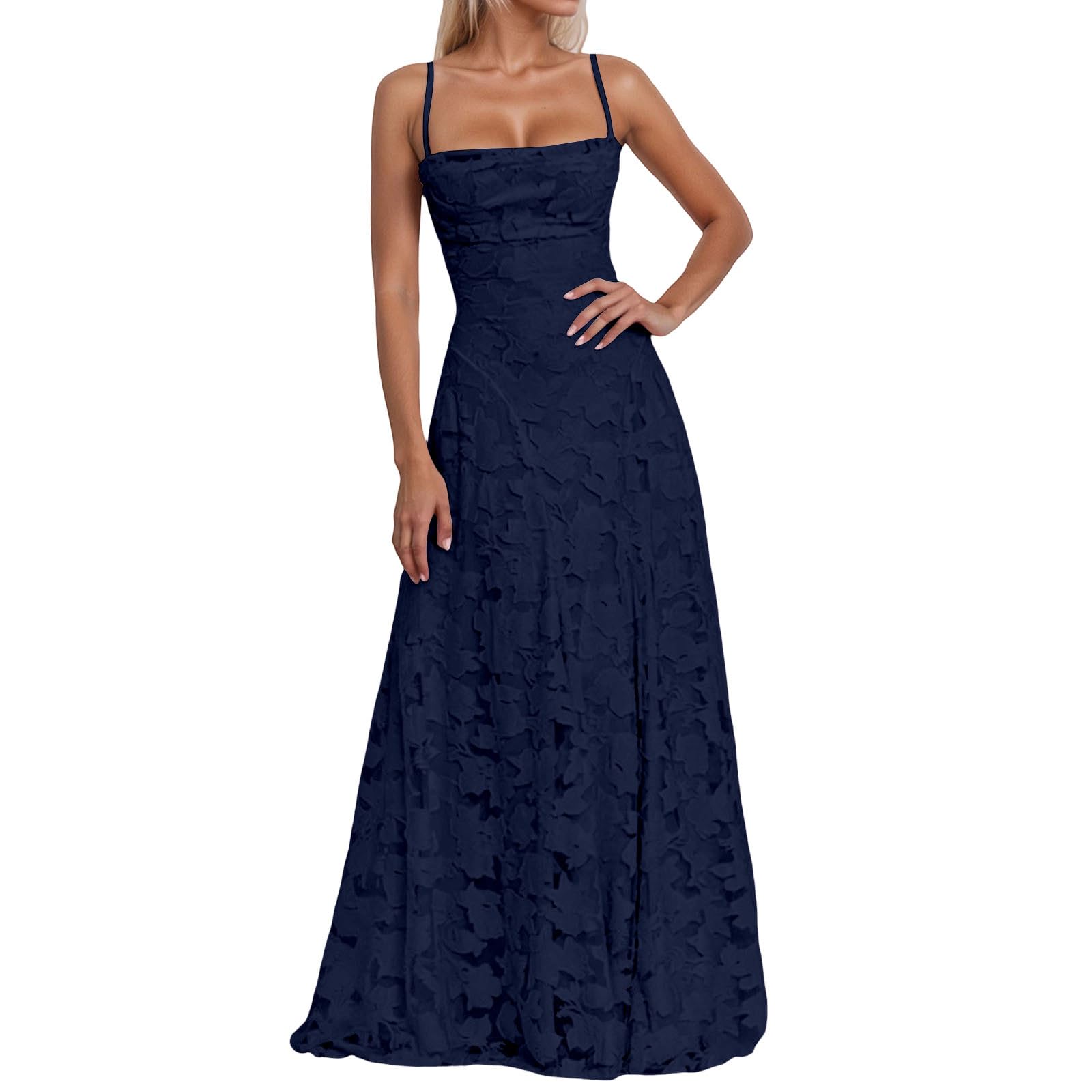 Abendkleid Damen Lang, Brautjungfernkleider mit Floralem Jacquard, Lange Kleider für Hochzeit, Elegantes Spaghettiträger Ballkleid, Langes Kleid für Hochzeitsgast, Abschlusskleid Abiball
