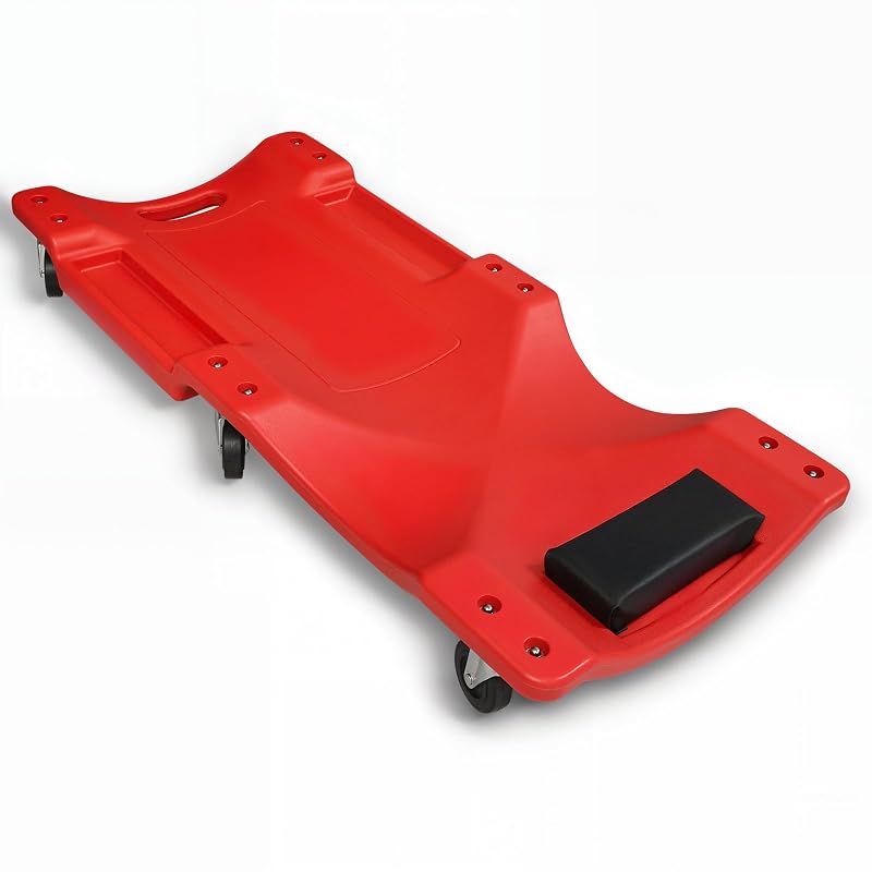 Maca para Mecânico Magshion com Encosto Acolchoado, Bandejas para Ferramentas e 6 Rodízios, Capacidade de Aproximadamente 150 kg, Vermelha, 91,4 cm