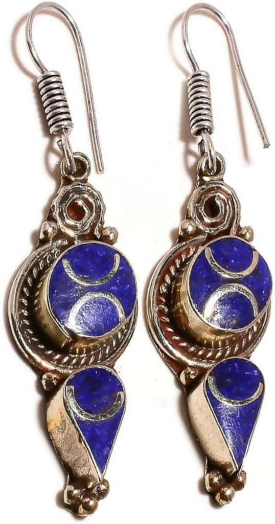 Inlay Lapis Lazuli Gemstone Antique Handmade Rope Bezel Oxidized Ethnic Tibetan Drop Dangle Earrings, Blue