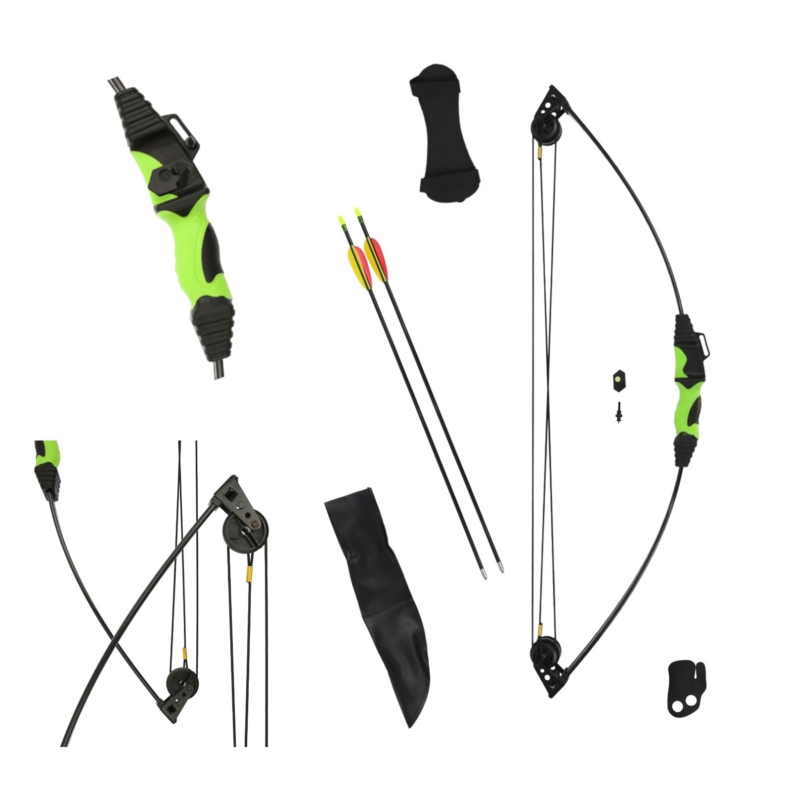 Compoundbogenset 12 lbs mit Pfeilen, Pinvisier, Köcher | Armschutz und Fingertab, beidhändiger Bogen mit 24 Zoll Auszug und 34 Zoll Länge für Bogensport Einstieg