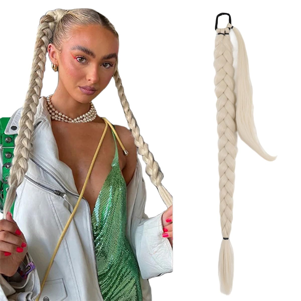 prinfantasy Halo Hair Extension Long DIY Braided Ponytail Extension with Scrunchies Seamless Braid Hair Extensions Pony Tail Soft Synthetic Hairpiece for Women 33 inch Platinum Blond Hairpiece