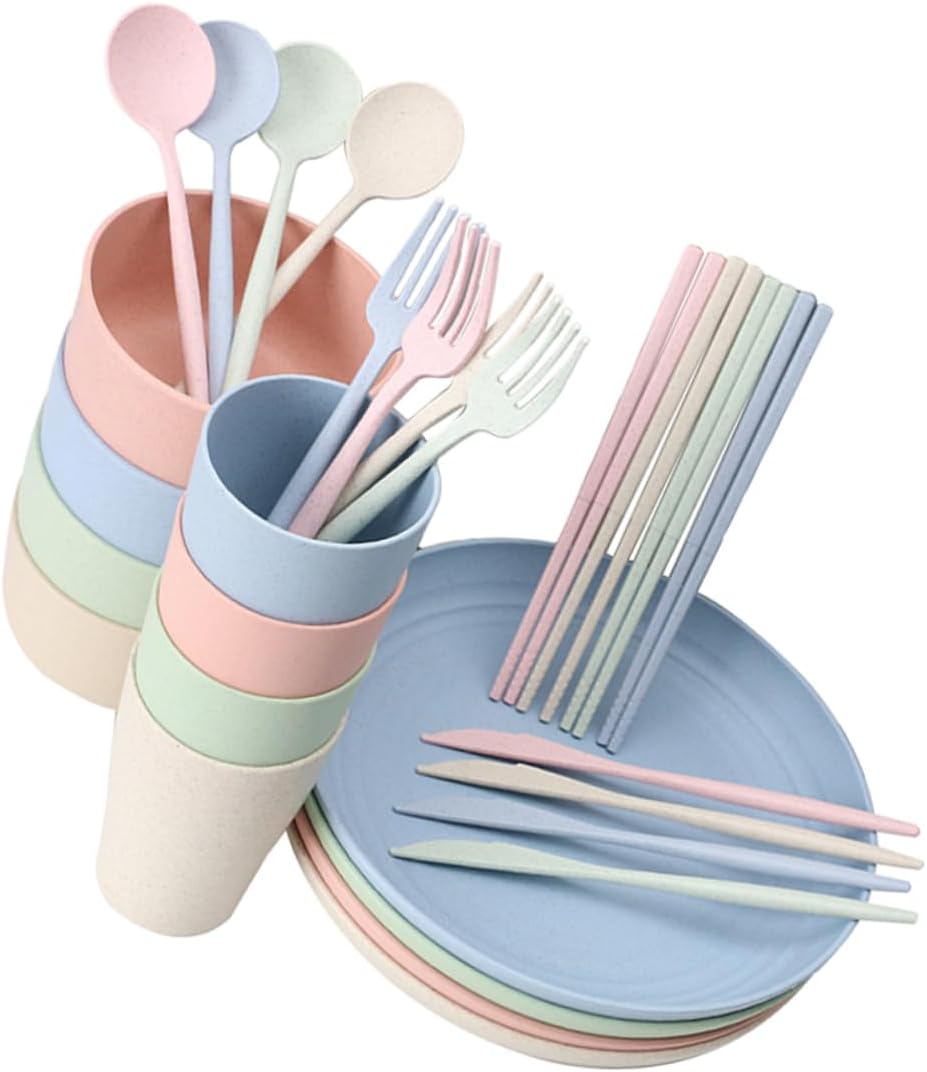 ABOOFAN 28-Piece Wheat Straw Cutlery Set Bowls Plates Cups Forks Spoons and Chopsticks Lightweight Dishwasher Safe Tableware for Home and Camping