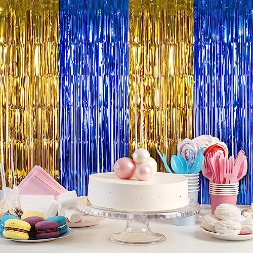 Image of LOLStar Graduation Party Decoration, 2 Pack Blue Gold Foil Fringe Curtains | 3.3 x 6.6 ft Tinsel Streamers Backdrop, Graduation Photo Booth Backdrop for Class of 2026, Prom and Grad Party Decor