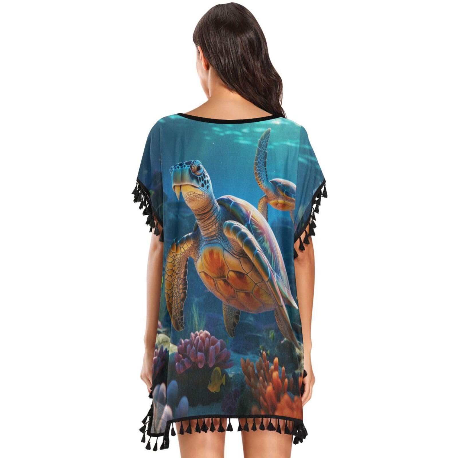 Colorful Sea Turtles Blue Fishes Women's Beach Cover Up Chiffon Tassel Swimwear Swimsuit Coverups for Girl