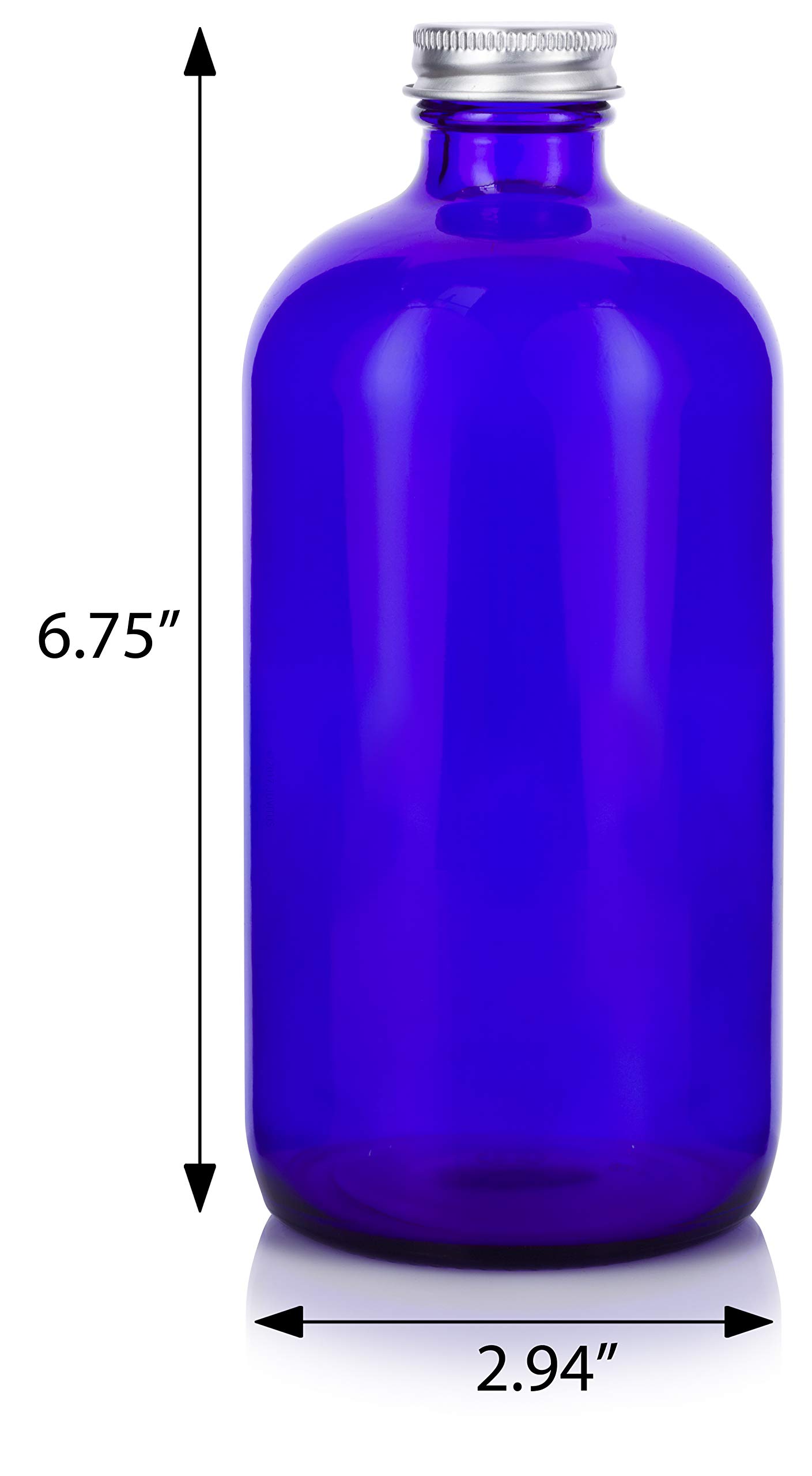 JUVITUS 16 oz / 473 ml Cobalt Blue Large Glass Boston Round Empty Bottles with Silver Metal Screw On Caps + Funnel (2)