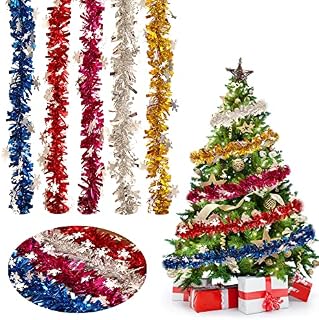 Micacorn Tinsel Garland Decorations, 5 Pcs Snowflake Tinsel Garland 30 Feet/9M Christmas Garland Classic Shiny Soft Foil Tinsel for Christmas Tree Wreath Birthday Wedding Party Decorations