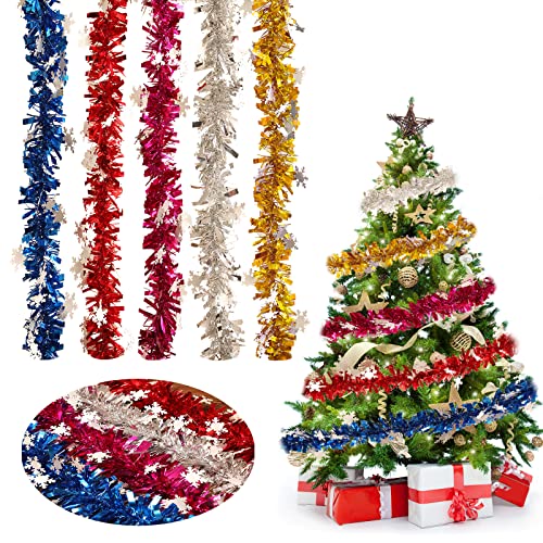 Micacorn Guirnaldas de Navidad Metálicas, 5 Piezas Guirnalda de Oropel 30 Pies/9M Guirnalda de Oropel con Copo de Nieve para Decoraciones Navideñas Fiesta de Boda de Cumpleaños de Corona de árbol Cover