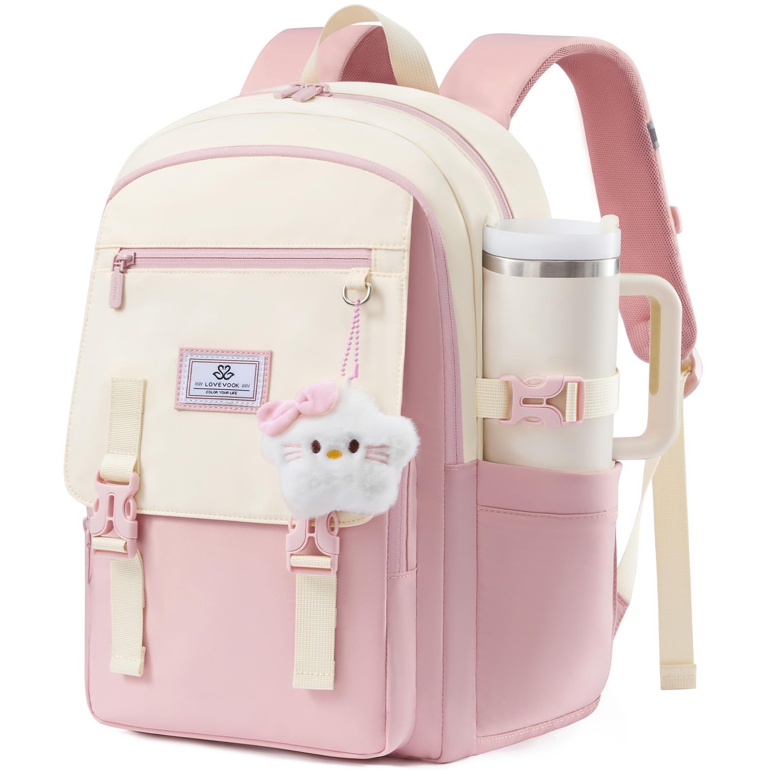 LOVEVOOK School Backpack for Teen Girls, Cute Laptop Backpack Purse for Women, 15.6 Inch Water-Resistant College Bookbag With Charm, Lightweight Casual Travel Daypack Gift for Her, Pink