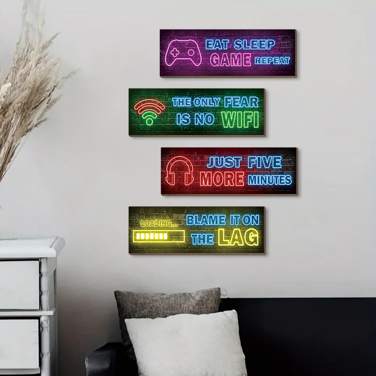 4Pcs Pósteres De Madera Para Juegos, Cuadros De Pared, Juego De Cuadros De Pared Para Sala De Estar, DecoracióN De Pared Para Habitaciones De (Neón B)