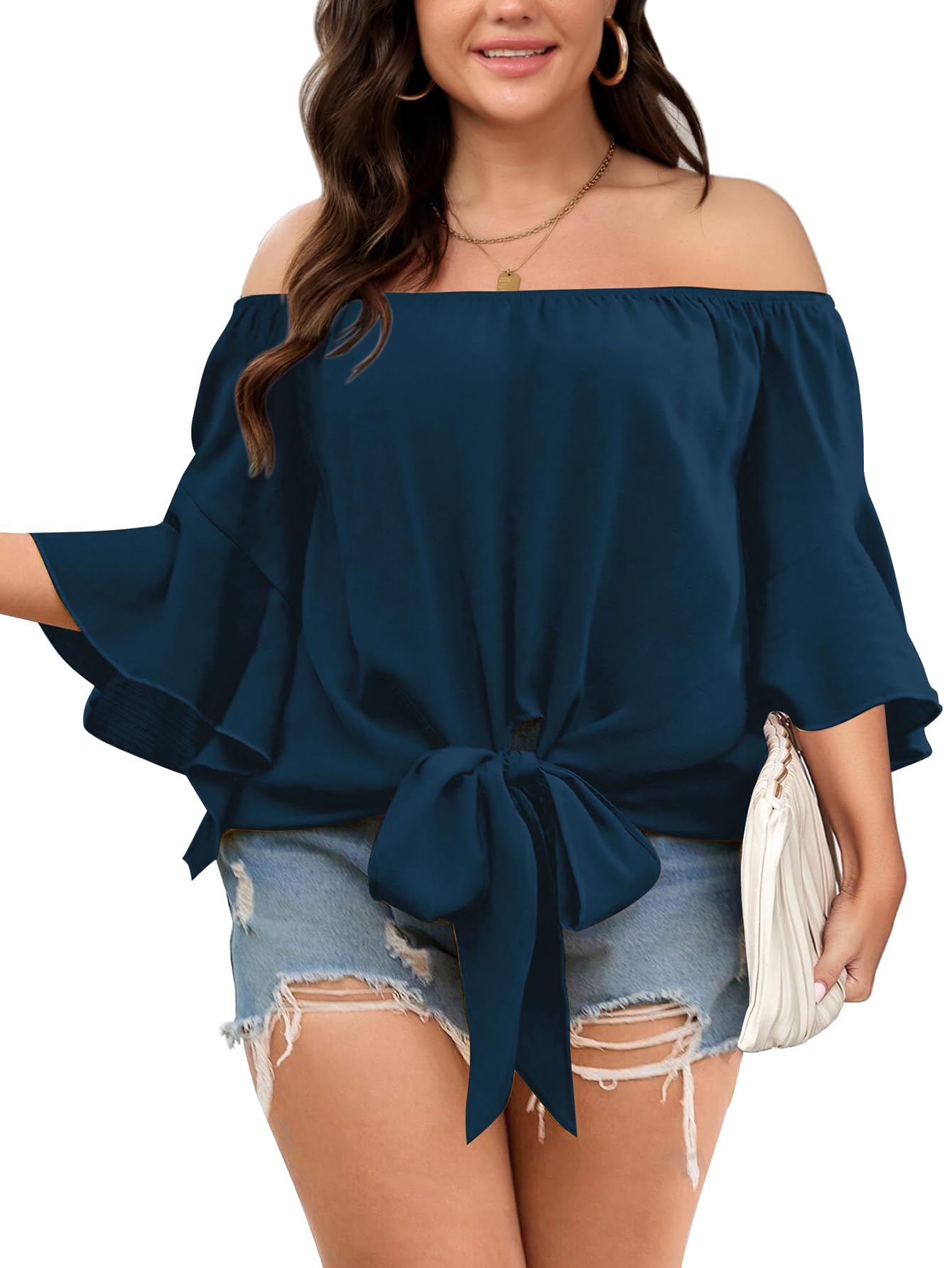 SHESTARR Womens Plus Size Off The Shoulder Blouse Tops Half Sleeves Tie Front Sexy Flowy Top