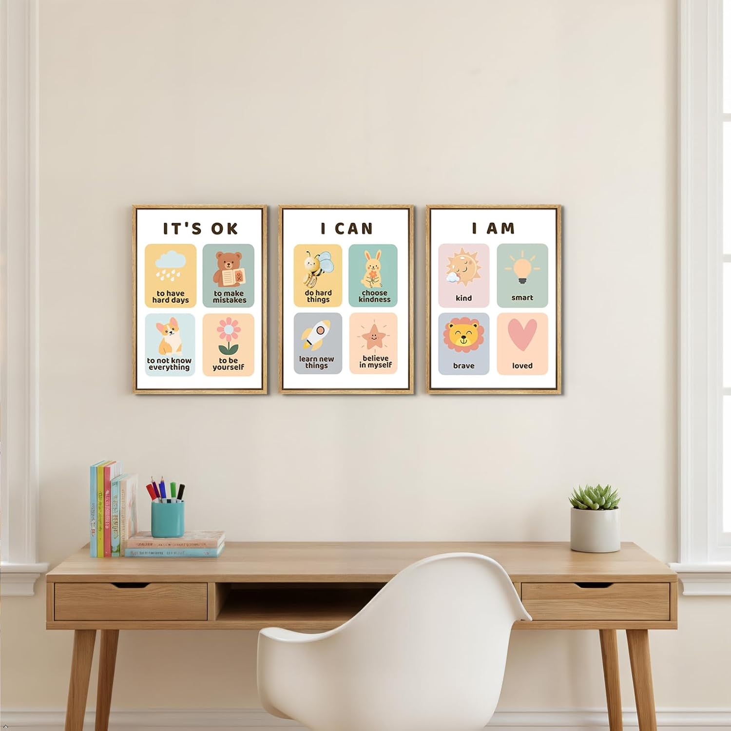 Kids Affirmation Wall Art Set of 3, It's OK I Can I Am Posters, Positive Motivational Quotes Canvas Prints for Classroom Nursery, Daily Affirmations Posters for Kids Bedroom Playroom, 16x24 Unframed