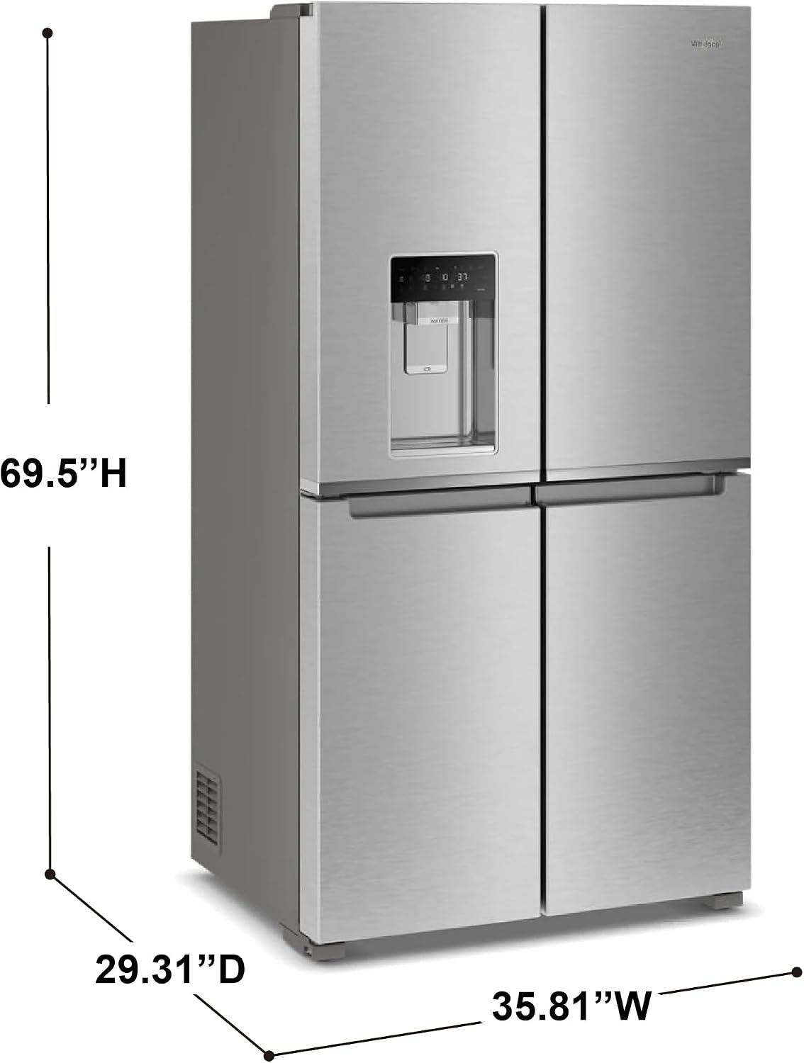 Whirlpool 36 Inch Counter-Depth 4-Door French Door Refrigerator with 19.1 Cu.ft. Capacity, Adjustable Shelves, Gallon Door Bins, Deli Drawer, In-Door-Ice® and Water, Auto Ice Maker