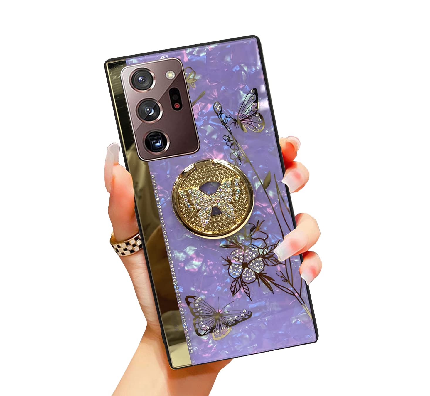 SupShop for Samsung Galaxy S21 Plus S21+ Case for Women Girl Design with Ring Kickstand,Fashion Cute Bling Diamond Rhinestone Glitter Butterfly Marble Mirror Phone Cover,Purple