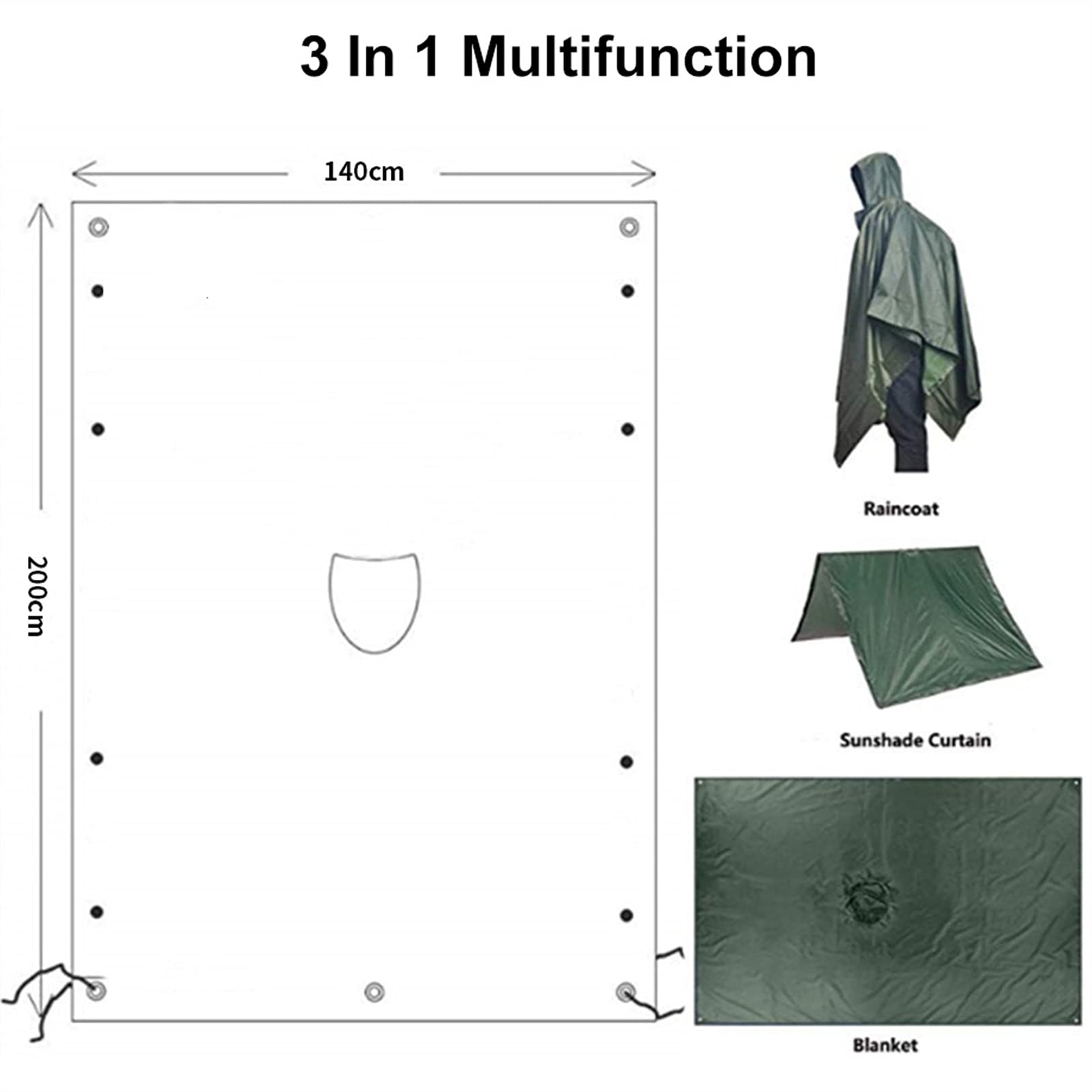 3 w 1 płaszcz przeciwdeszczowy z kapturem Survival Poncho, wielofunkcyjny, wodoszczelny płaszcz przeciwdeszczowy, namiot matowy, namiot kempingowy do wędrówek na świeżym powietrzu (kolor: czarny)