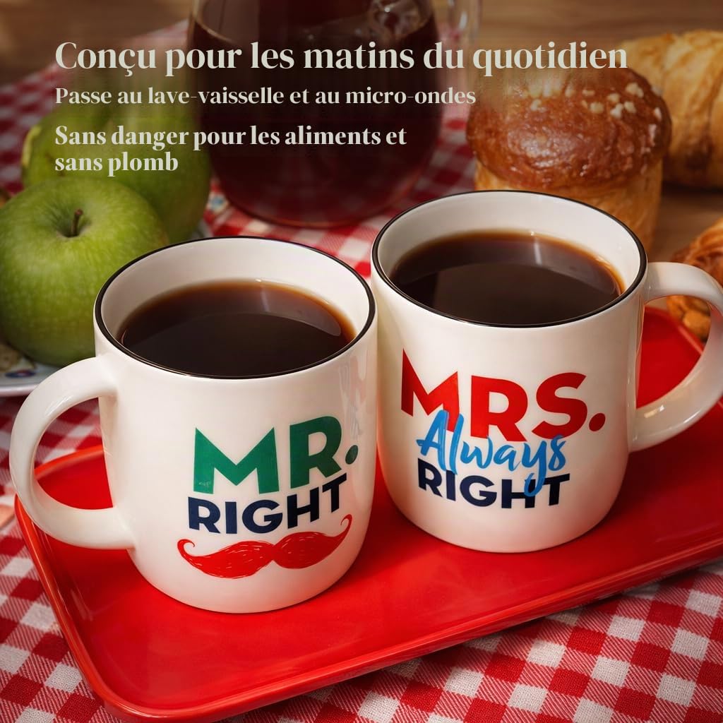 Gifffted Tasse Duo Mr Right Et Mrs Always Right, Mug Original Idée Cadeau Anniversaire Mariage, Pour Couple, Femme, Homme, Amis, Amoureux, Elle, Lui, Noel, Cafe, Tasse Humour