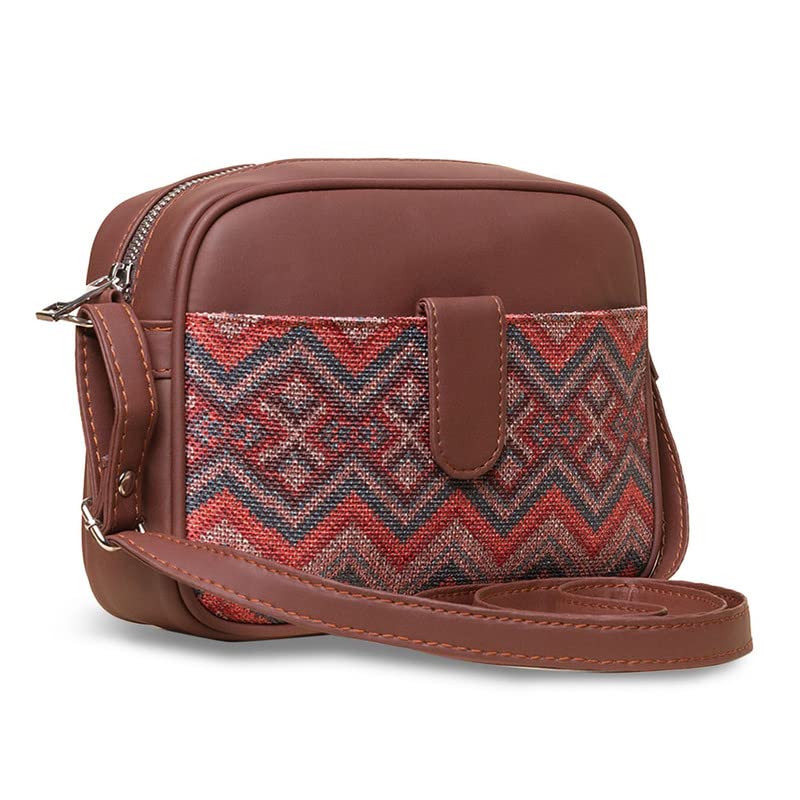 Image of ZOUK Gwalior Weaves Motif Printed Women's Jute Handcrafted Vegan Leather Multicolor Magnetic Sling Bag