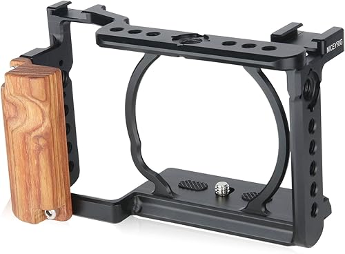 NICEYRIG Kit de jaula con empuñadura de madera para cámara Sony Alpha A6100 A6400 sin espejo, con puntos de bloqueo dobles - 342