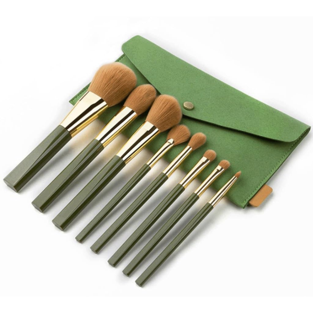 Juego De 8 Brochas De Maquillaje De Pelo Suave Y Brillante Verde con Mango De Madera Maciza.