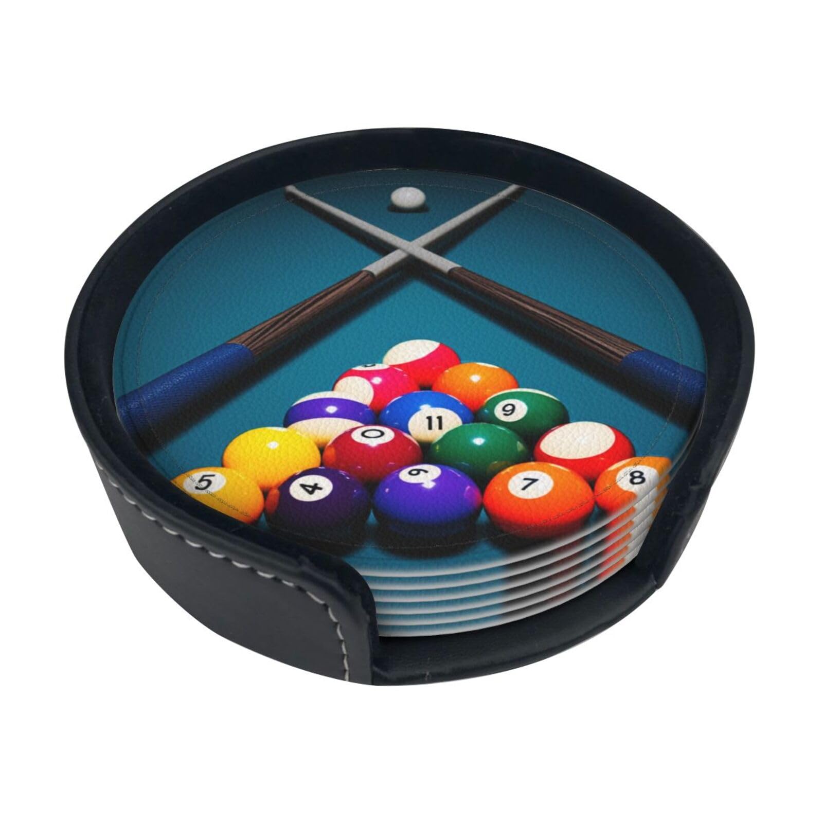 FUNCOOLCY Billiards Coasters for Drinks with Holder, Leather Coasters Set of 6, Round Cups Mugs Mat Pad for Home Kitchen