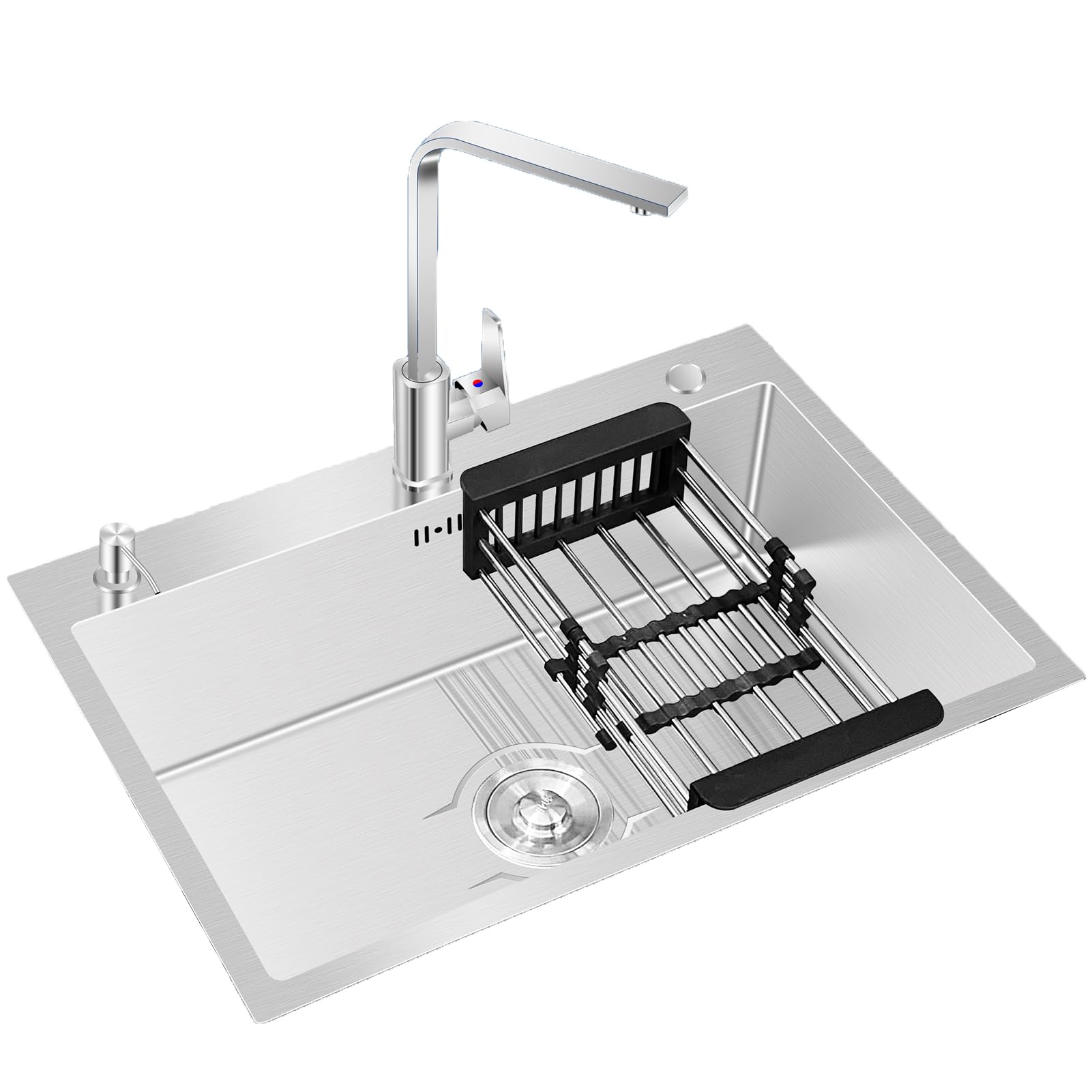 ZQFHSX Stainless Steel Sink Drop-in Single Bowl Undermount Kitchen with Telescopic Basket and Square Faucet, Utility Soap Dispenser for