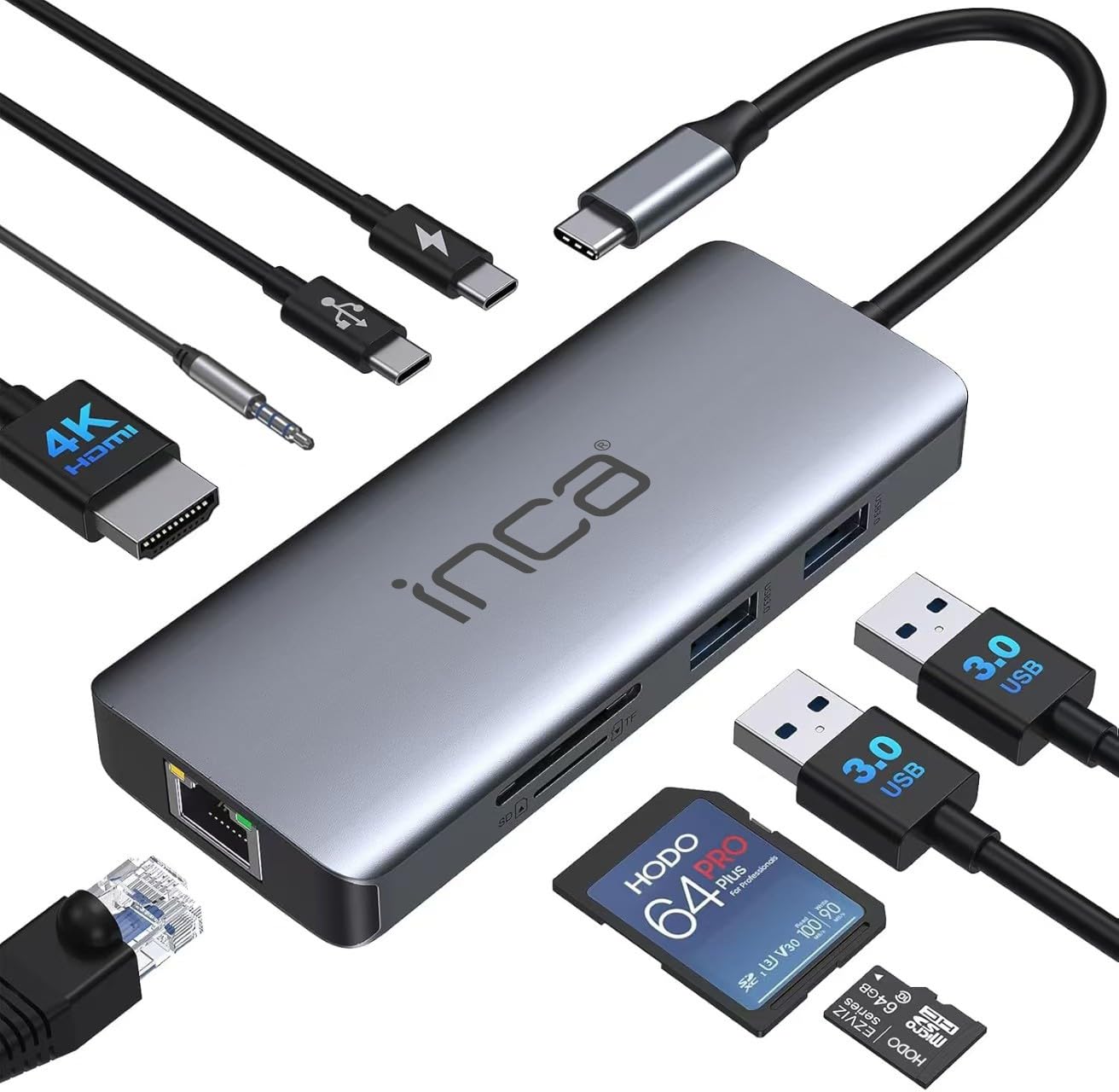 inca Koncentrator USB C 9 w 1 ITPC-10TX, 2 x USB 3.0 + czytnik kart SD/TF + LAN 1000 Mbit/s + dane + audio 3,5 mm + HDMI 4K 60 Hz + PD100 W, stacja dokująca USB C do MacBook, Dell, Chromebooka