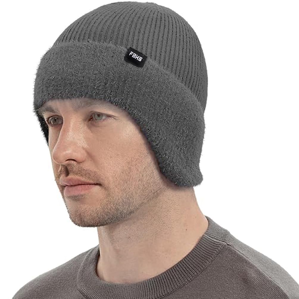 ALIBRAHIM Winter Beanie with Earflaps for Men, Unisex Stretchy Soft Knit Hat, with Ear Flaps Thick Warm Fleece Lined Woolly Beanies Hats for Mens Gifts Grey