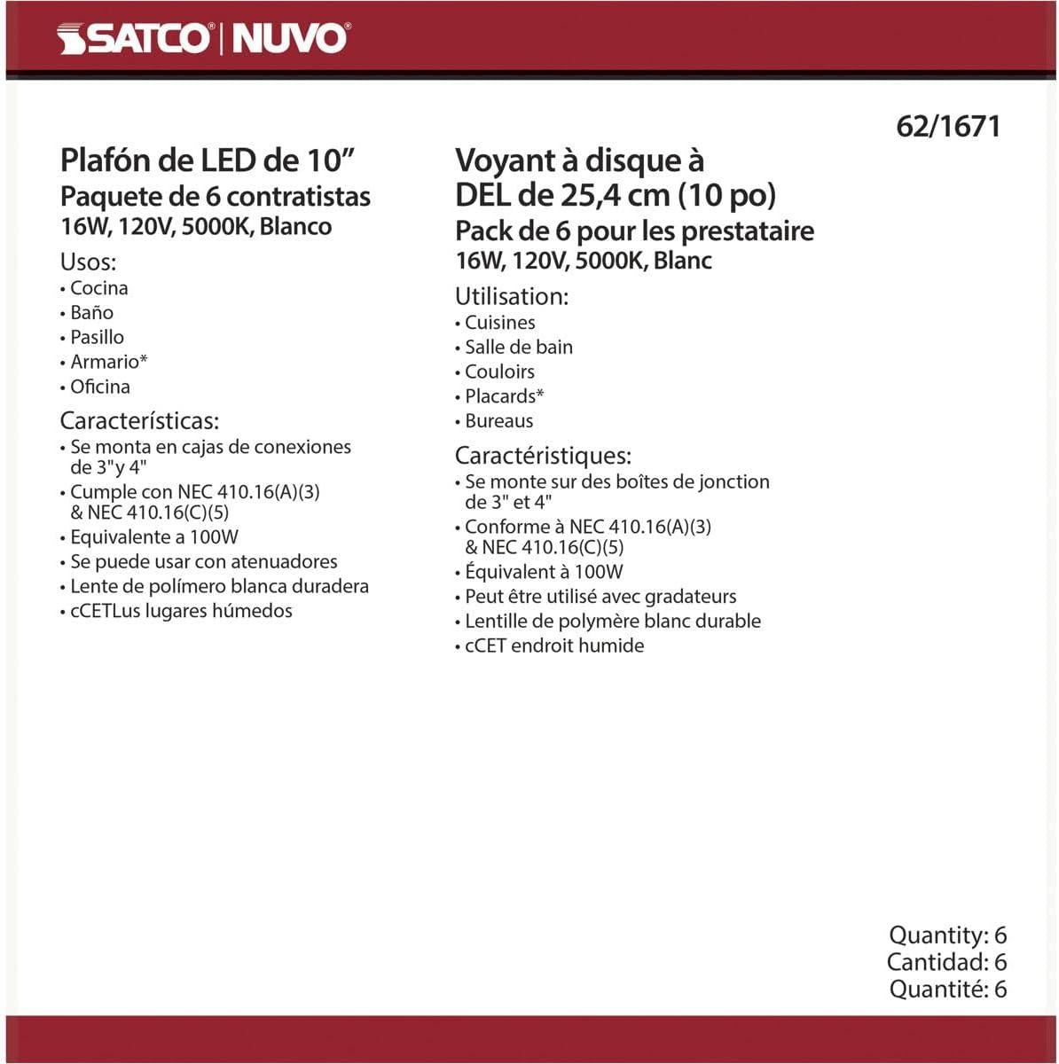 Nuvo Lighting 62/1671 16W LED 5000K Disk Light (Pack of 6) in Contemporary-1.28 Inches Tall and 9.49 Inches Wide, Finish Color: White