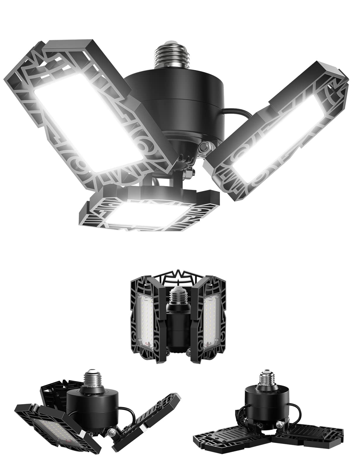 4-Pack LED Garage Shop Lights with 3 Ultra Bright Adjustable Panels, 50W, 5000LM 6500K Deformable Ceiling Lights for Garage, Attic, Basement, E26/E27 Base