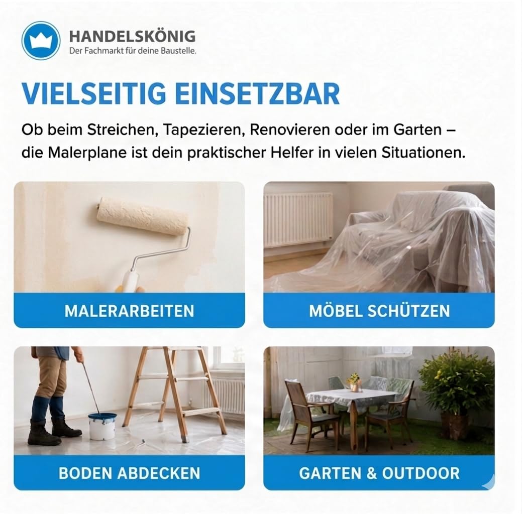 Handelskönig extra starke Malerfolie Abdeckfolie Transparent 4 x 12,5 m (0,03mm stark), Profi Abdeckplane für Malerarbeiten, Renovierung & Bodenabdeckung, Reißfeste Staubschutzfolie, Plastikplane PE