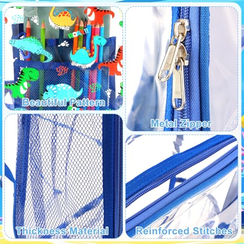 Kolewo4ever 3 Pieces Clear School Backpack Set Back to School Gift Blue Dinosaur Transparent Backpack with Lunch Bag and Pencil Pouch for Girl Boy Kid Heavy Duty Bookbags Middle School Travel Pack4