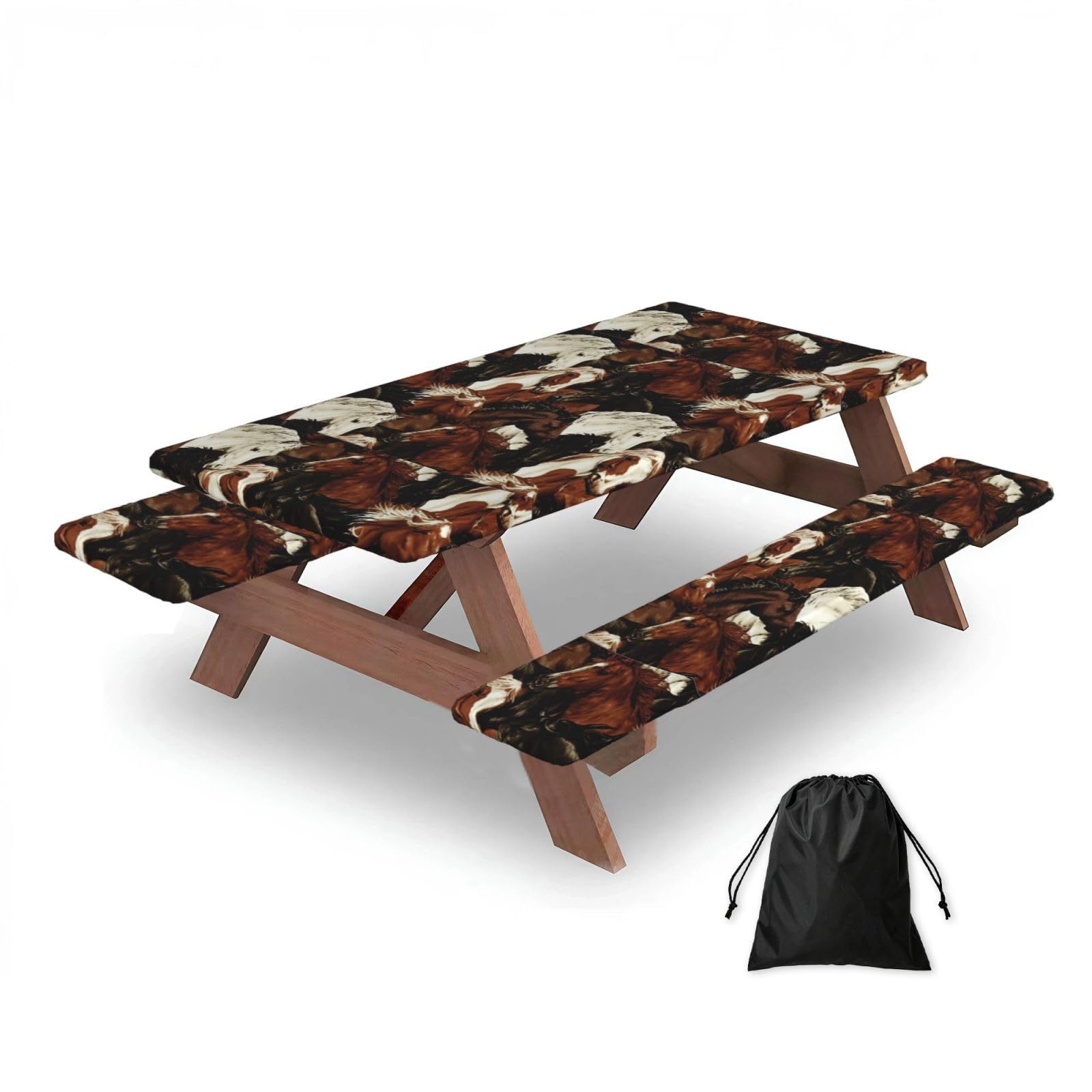 Dopklna As Picture Horses, Picnic Table Cover With Bench Covers -Waterproof Elastic Fitted Tablecloth For Garden Camping Patio 76X152cm