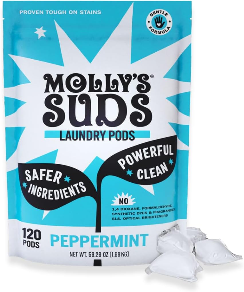 Molly's Suds Laundry Detergent Pods | Clean Detergent for Sensitive Skin | Ultra Concentrated and Stain Fighting | Peppermint - 120 Count (Value Pack)