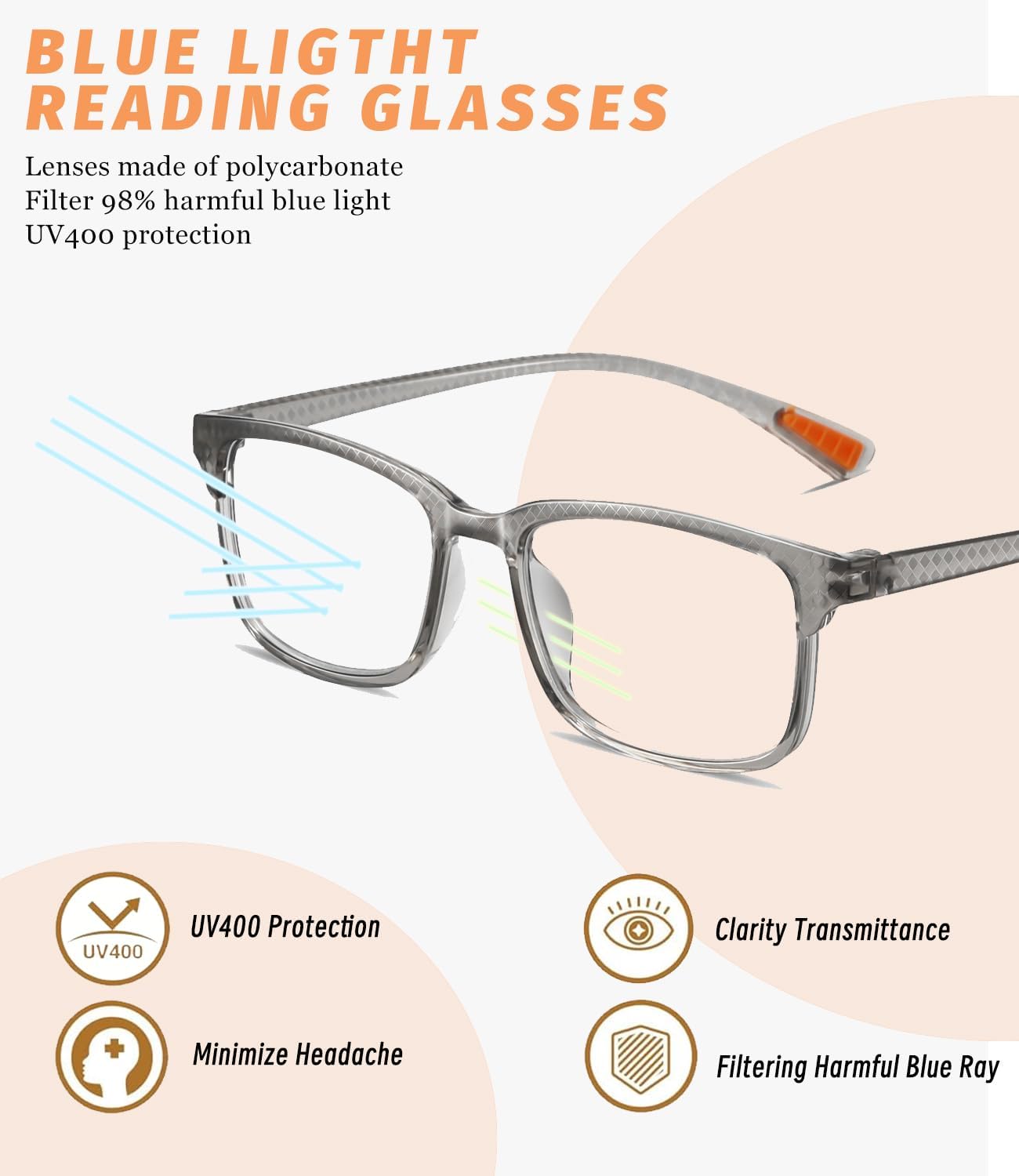 Hubeye Reading Glasses For Men Blue Light Blocking Anti Ray Comoputer Reader Classic Sqaure Lightweight Eyeglasses - Image 3