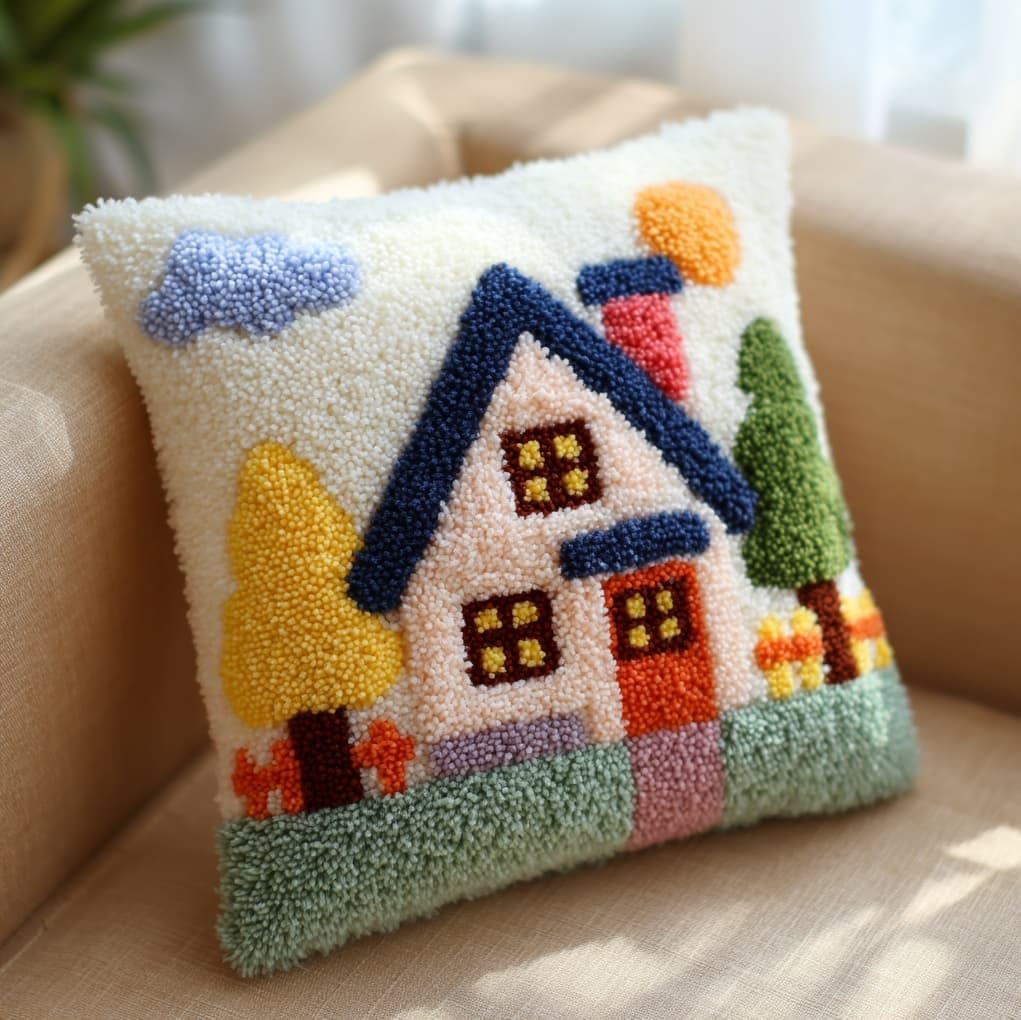 WallustrioaW Latch Hook Cushion Kits for Adults BeginnersCartoon Style House,Handmade Crochet Craft Kits Cushion Cover Needlework for Home Decoration,17x17in