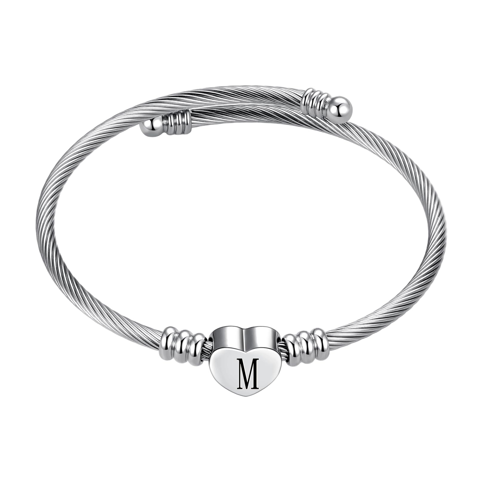 Silver Initial Letter Cuff Bracelet for Women Expandable Stainless Steel Heart Bangle Bracelets for Women Personalized Jewelry