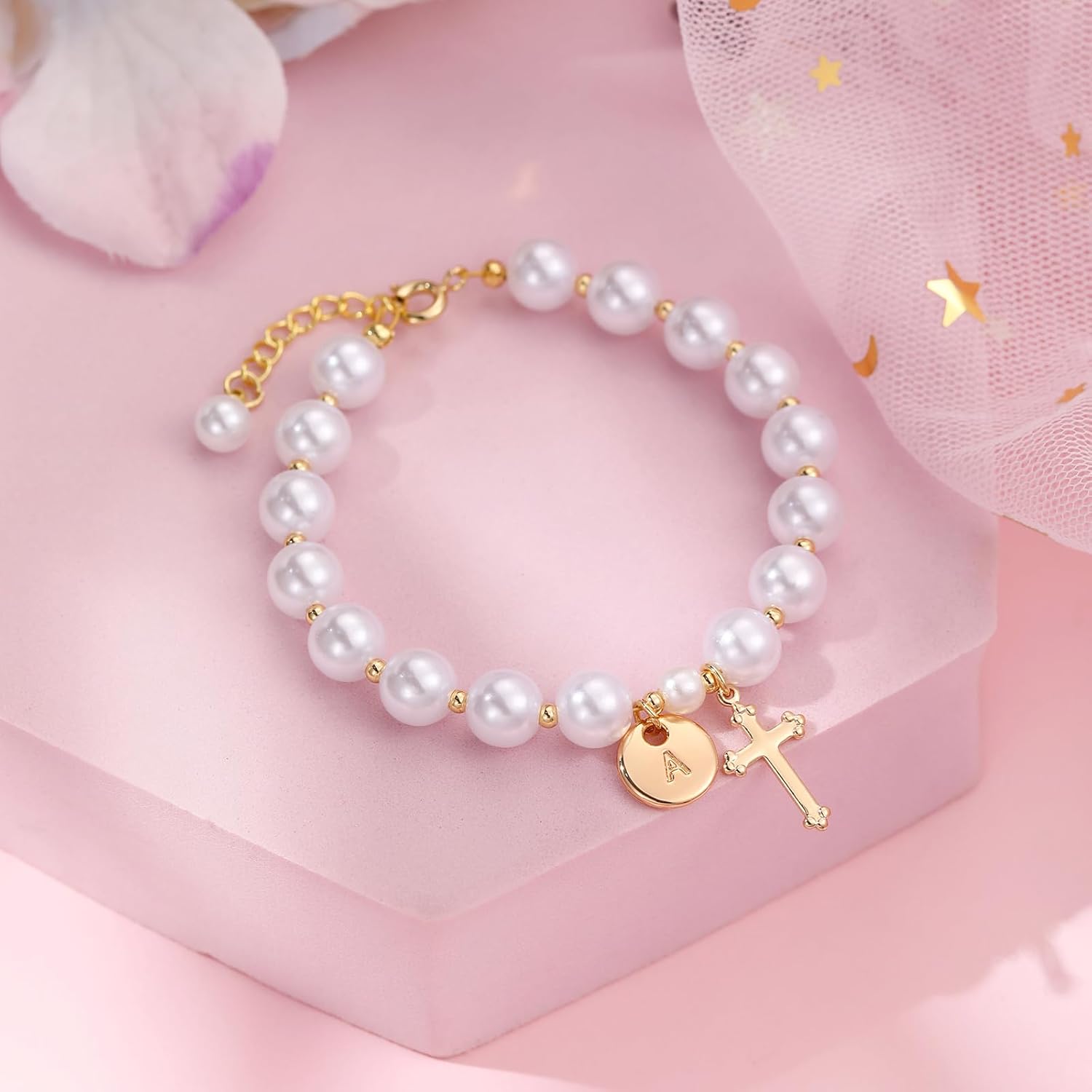 Initial First Holy Communion Confirmation Baptism Bracelets Gifts for Women Girls, Catholic First 1st Communion 14K Gold Pearl Cross Charm Bracelet Personalized A-Z for Goddaughter Niece - Image 3