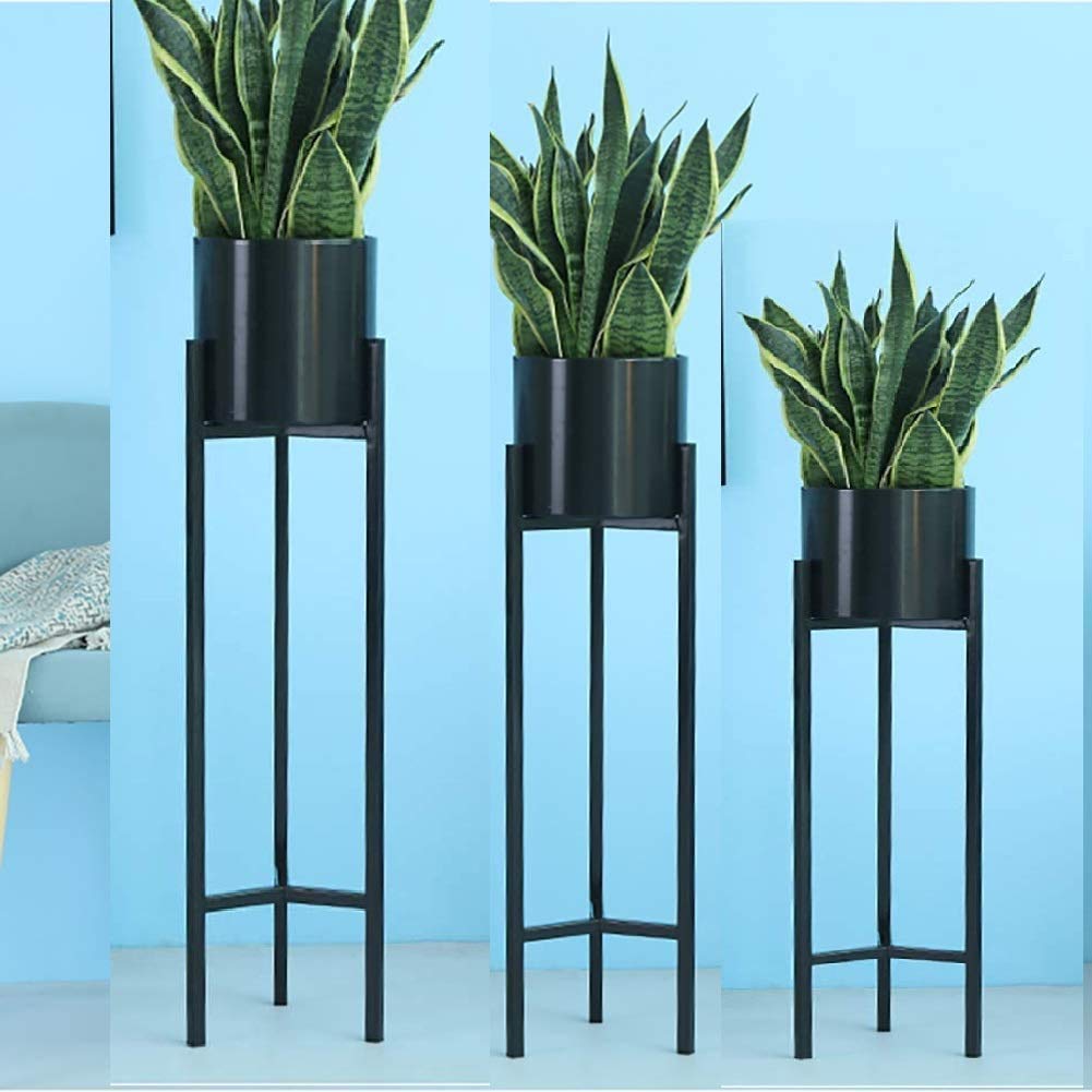 Modern Plant Stand- Set with Tall Metal Stand, Decorative Standing Flower Succulent Pot Holder, Indoor Outdoor Terrace Patio Home Decor (Black) (Set of 3) (B08887DLNK) Amazon Price History, Amazon Price Tracker