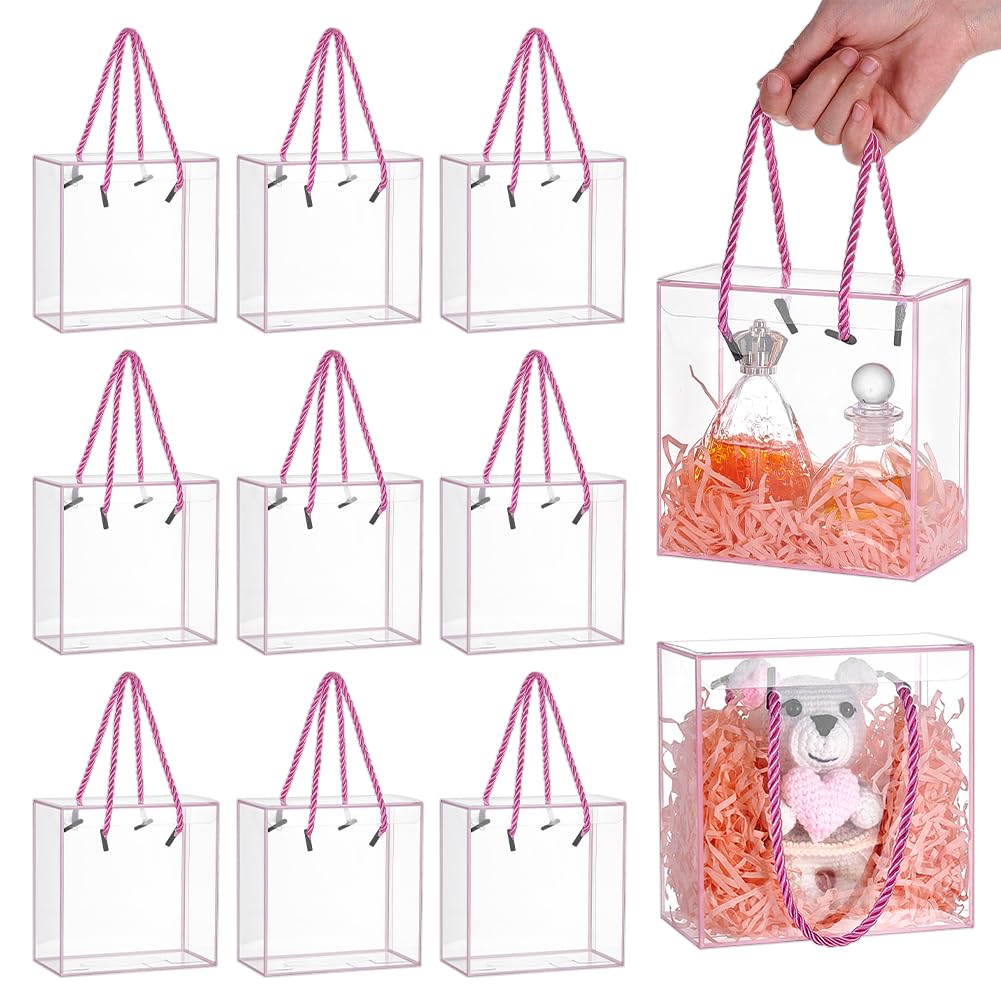 NBEADS 15 Sets Clear PET Plastic Gift Box, Square Transparent Party Favor Box Treat Gift Boxes with Rope Handle for Bridal Gift Wrapping Packaging, Pink, 14x7.5x14cm