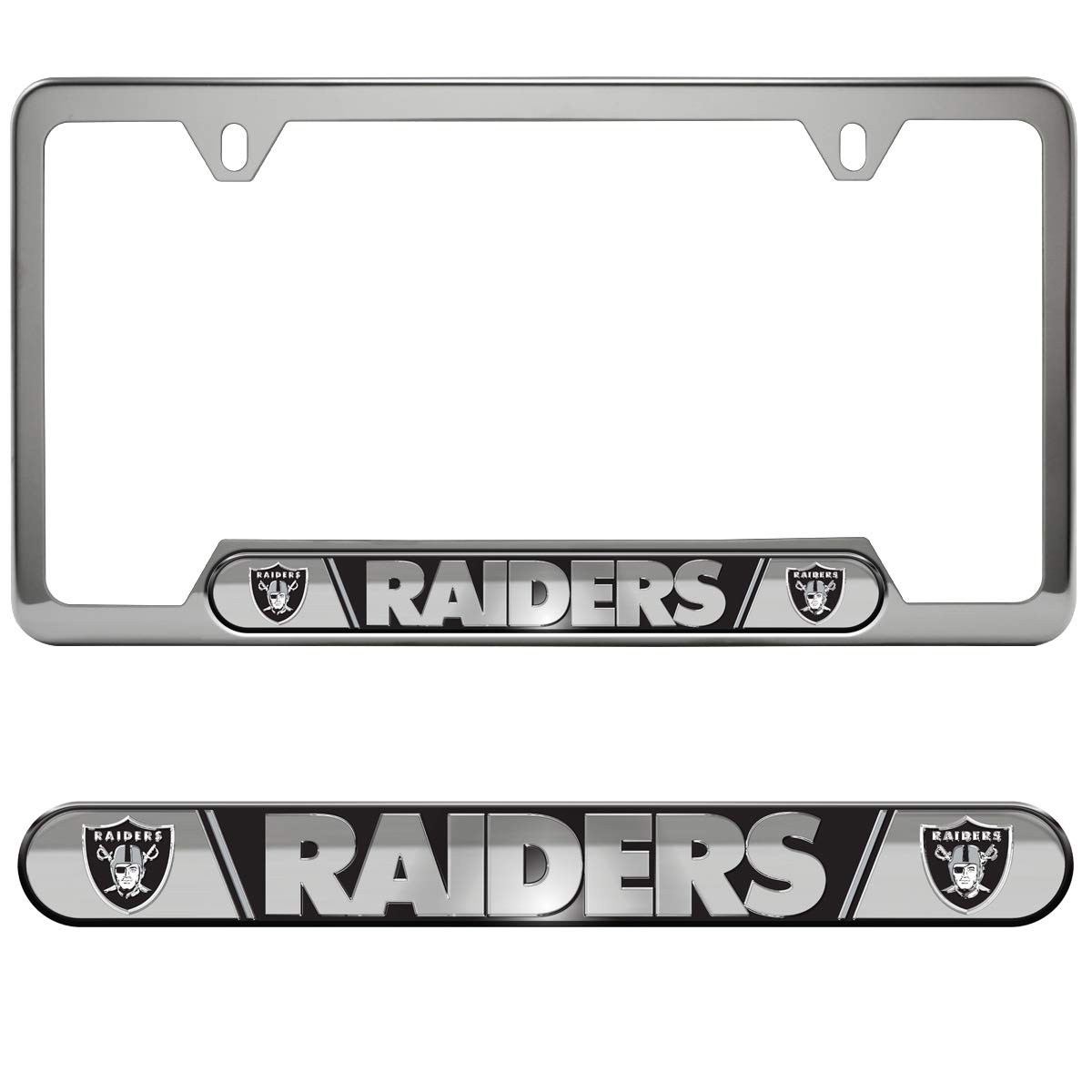 FANMATS 61962 Las Vegas Raiders Embossed License Plate Frame, Stainless Steel Frame with Stamped Aluminum Team Logo Inserts, 6.25in x 12.25in