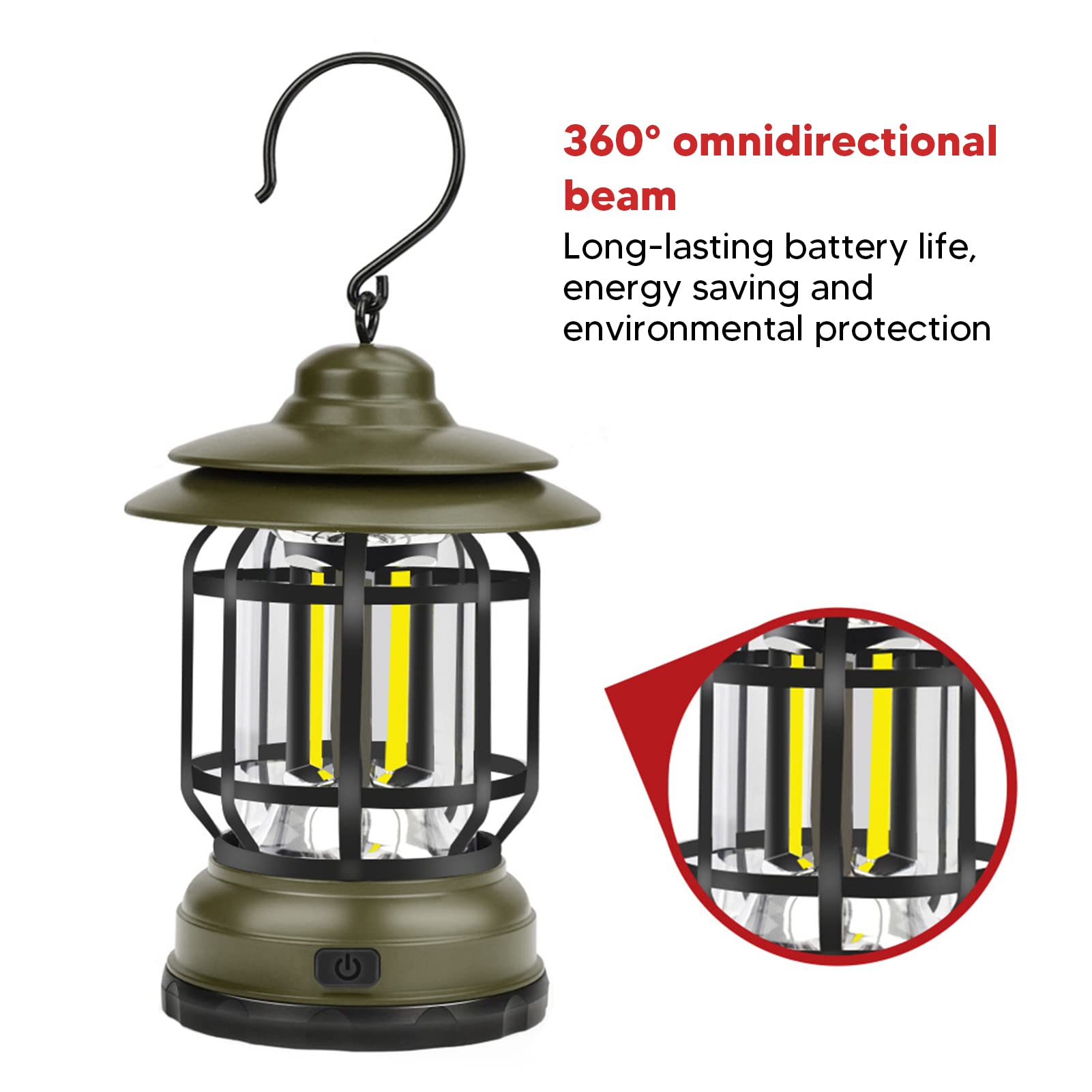 Wiederaufladbares Camping-LED-Licht Dimmbar – Retro-Laterne Mit Haken, 4500 MAh, Typ-C, Wasserdicht (Grün)
