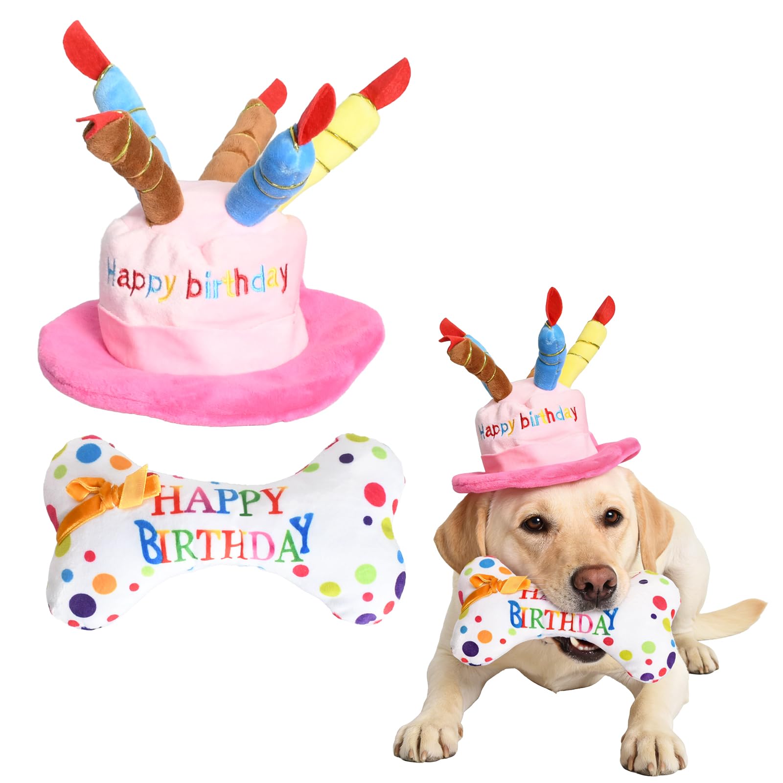 Kaiyzo Dog Birthday Toy, Plush Bone Toy with Pink Birthday Hat for Small and Medium Dogs, Fun Chew Toy for Dental Health, Indoor Outdoor Play