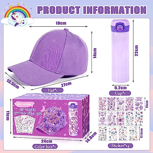 BEYAOBN Geschenke für Mädchen DIY Wasserflasche und Baseballkappe, Bastelset Kinder Trinkflasche mit Edelstein Aufklebern Glitzer Aufkleber, Mädchen Geburtstag Geschenke 4-12 Jahre Basteln, Lila