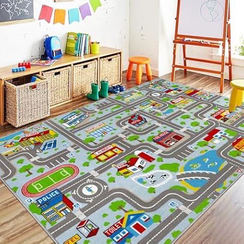 Capslpad Sky Blue Car Road Kid Rug Carpet Playmat for Playoom Traffic Road Kids Play Mat for Toddler Non Slip Washable City Map Race Track Carpet Rug for Kids Room Bedroom Nursery Room Decor,6.6'x5' Cover