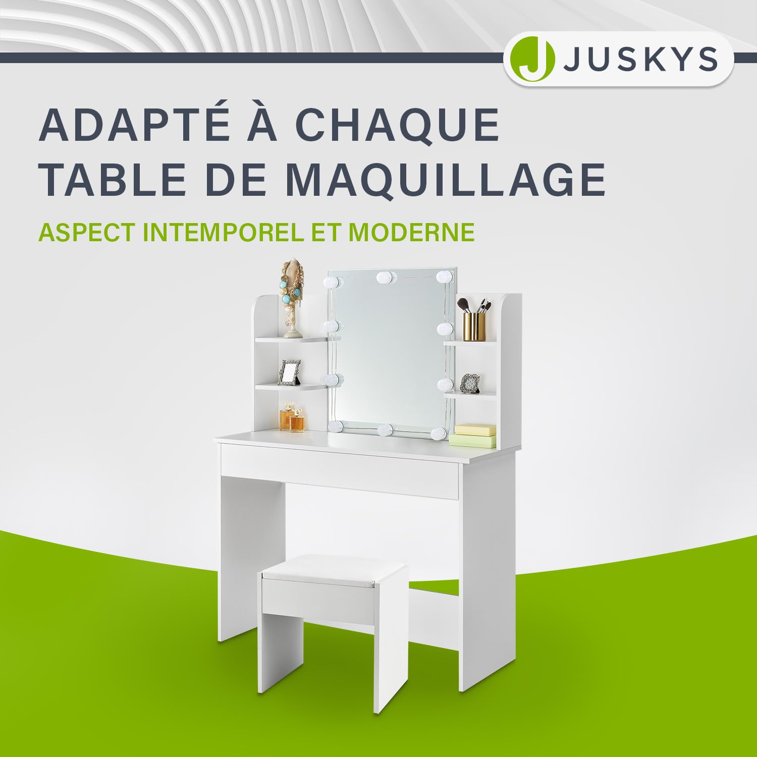 Juskys Tabouret de Coiffeuse Melly avec Coussin rembourré et Housse en Similicuir, Pouf de Maquillage en Bois, Siège Modern pour Chambre à Coucher, 40 x 30 x 43 cm