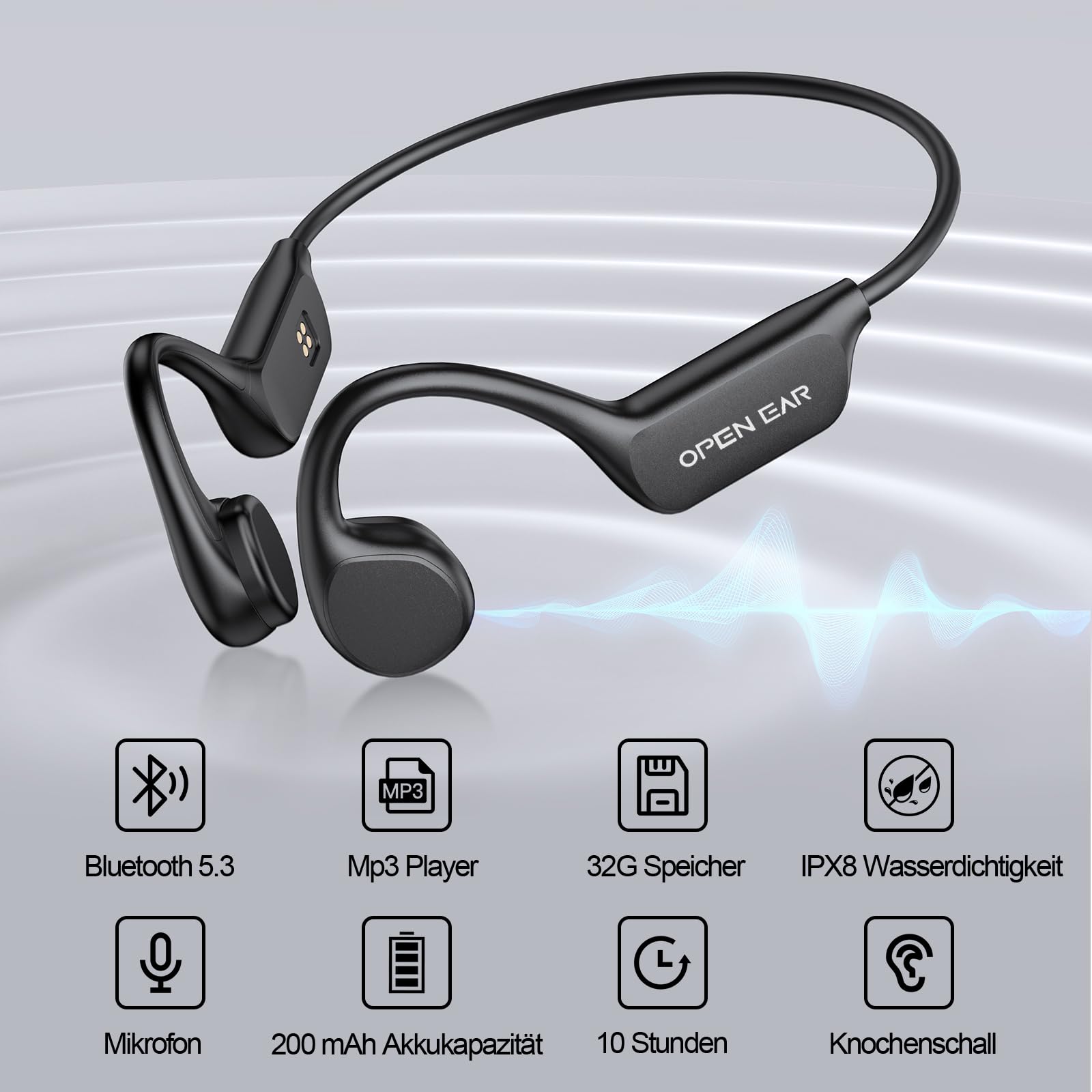 Knochenschall Kopfhörer, Kopfhörer Schwimmen, 32GB MP3 Sport Kopfhörer Bluetooth 5.4, IPX8 Wasserdicht, Open Ear Kopfhörer für Schwimmen Laufen, 10 Stunden Spielzeit