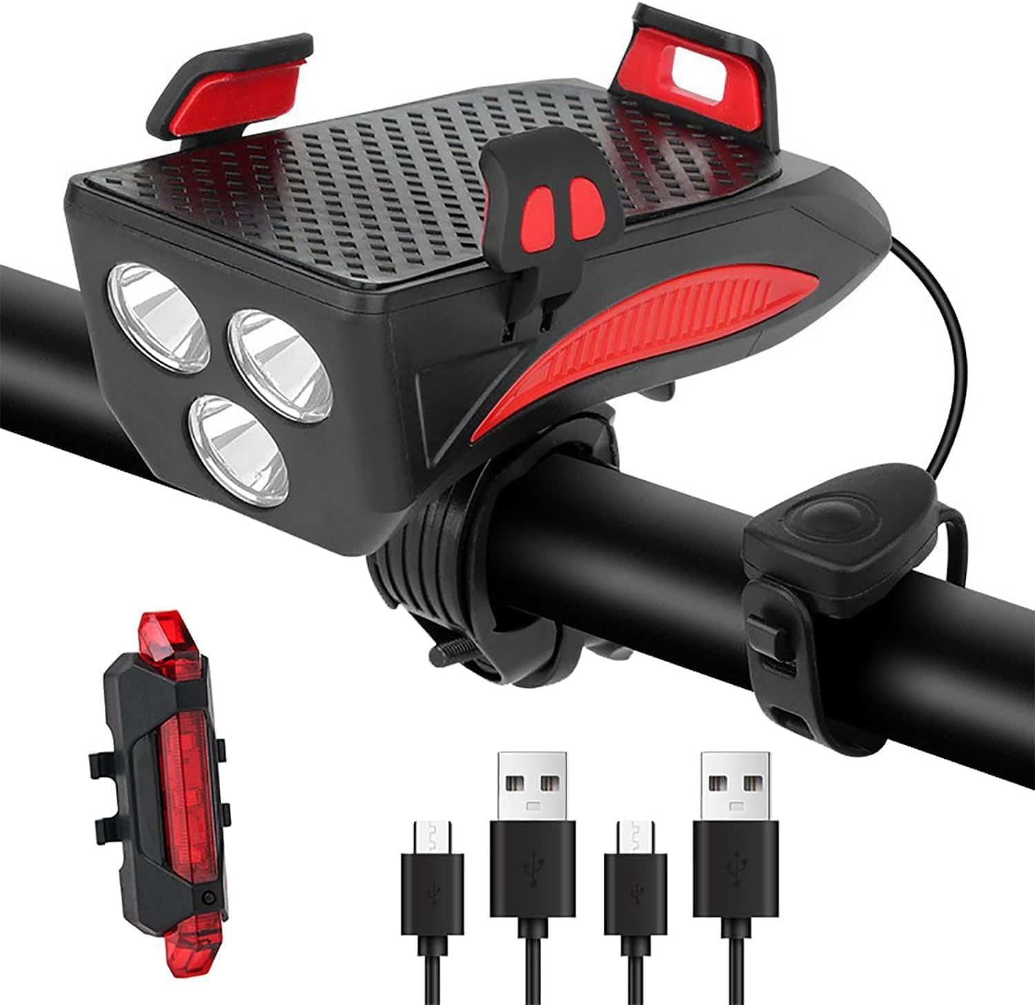 GKEAPZA LED Bicycle Light Set with Mobile Phone Holder Rechargeable 4000 mAh Bicycle Light with Power Bank Loud Bell Rear Light Cycling Torch Hiking Camping All Mountain & Bike(Power Bank & Holder)