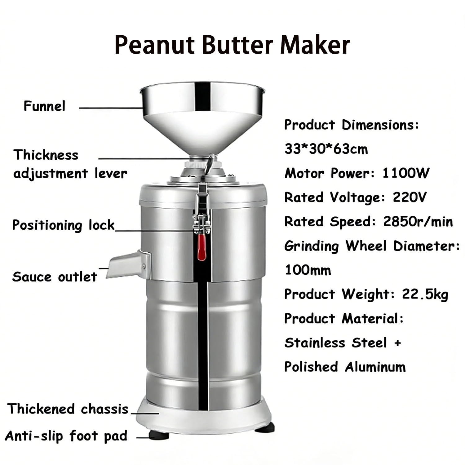 Molino de Acero Inoxidable para Mantequilla de Frutos Secos, Máquina Eléctrica 1100W con Rendimiento 15kg/h, Moler Café, Cereales, Cacahuetes