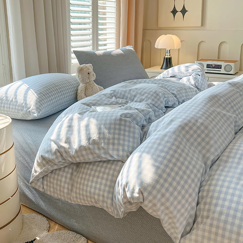 Covebett Bettwäsche 140x200 Blau Weiß Kariert Karo Muster Modern Bettbezug Set Landhausstil Geometrisch Karomuster Renforce Gewaschene Microfaser Deckenbezug und Kissenbezug 70x90 Reißverschluss