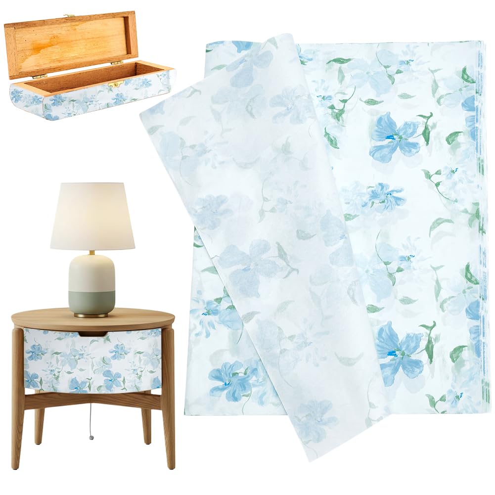 UNICRAFTALE 20 Sheets Blue Flower Decoupage Paper Large Vintage Floral Printed Rice Tissue Decorative Beautiful Decoupage Paper for Furniture Flower Wrapping Scrapbook 70x49cm